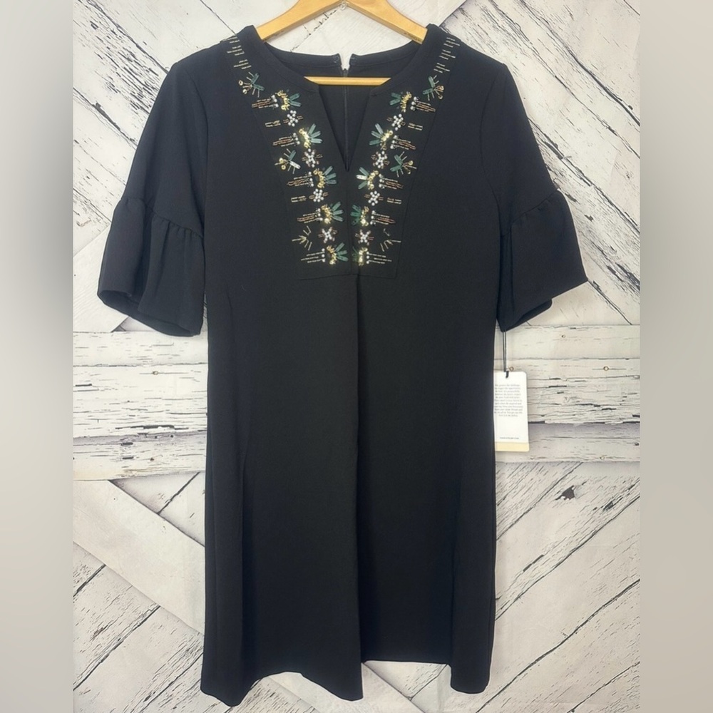 NWOT Ivanka Trump Black Midi Dress with Embellished Neckline Women’s Sz 4